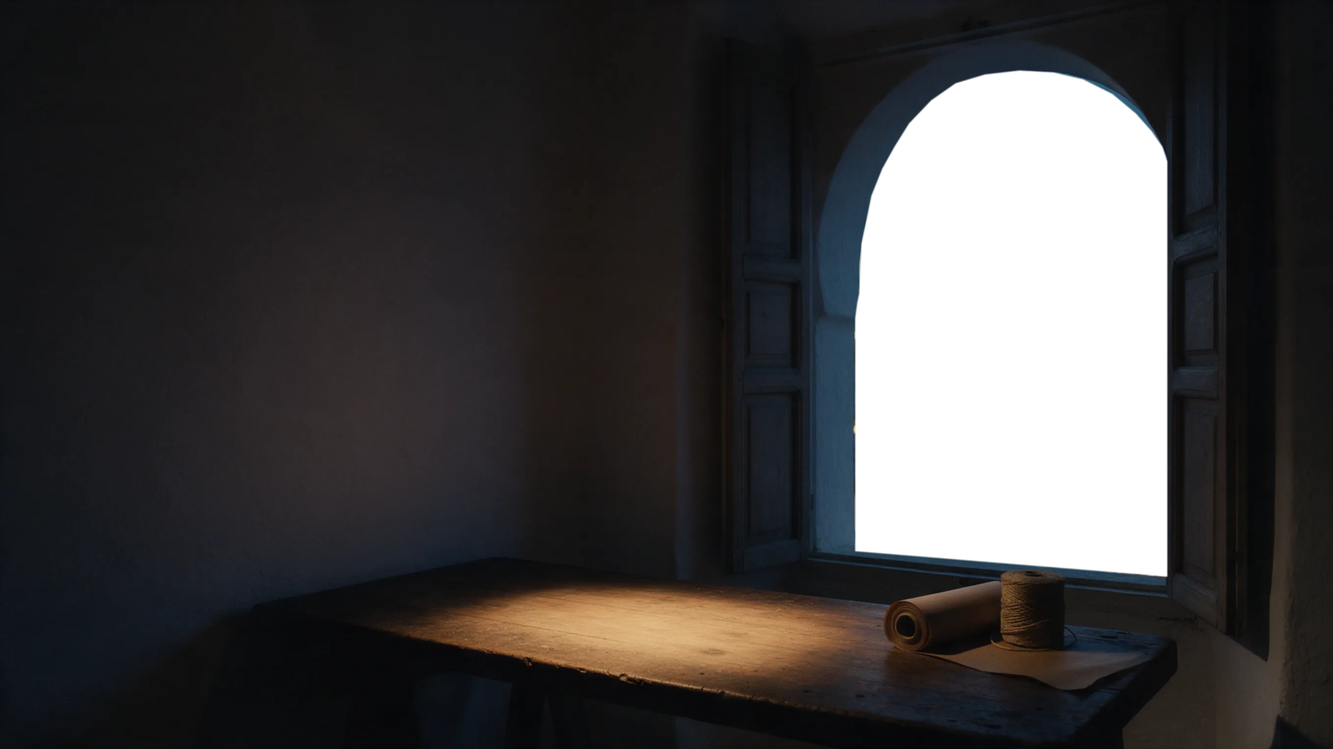 A lamplit workbench in a whitewashed room high above Algiers at dusk, the white city and the bay beyond an arched window, a parcel tied with twine waiting on the bench.